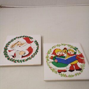Vintage Jasco 1981 Ceramic Tile Trivet Coaster Christmas Santa Carolers Lot of 2